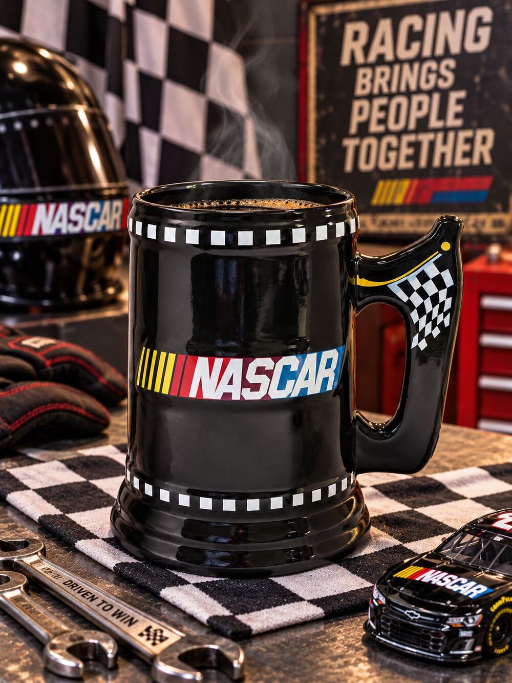 NASCAR Large Black Ceramic Mug Stein Checkered Flag Sherwood Brands 2003 Racing